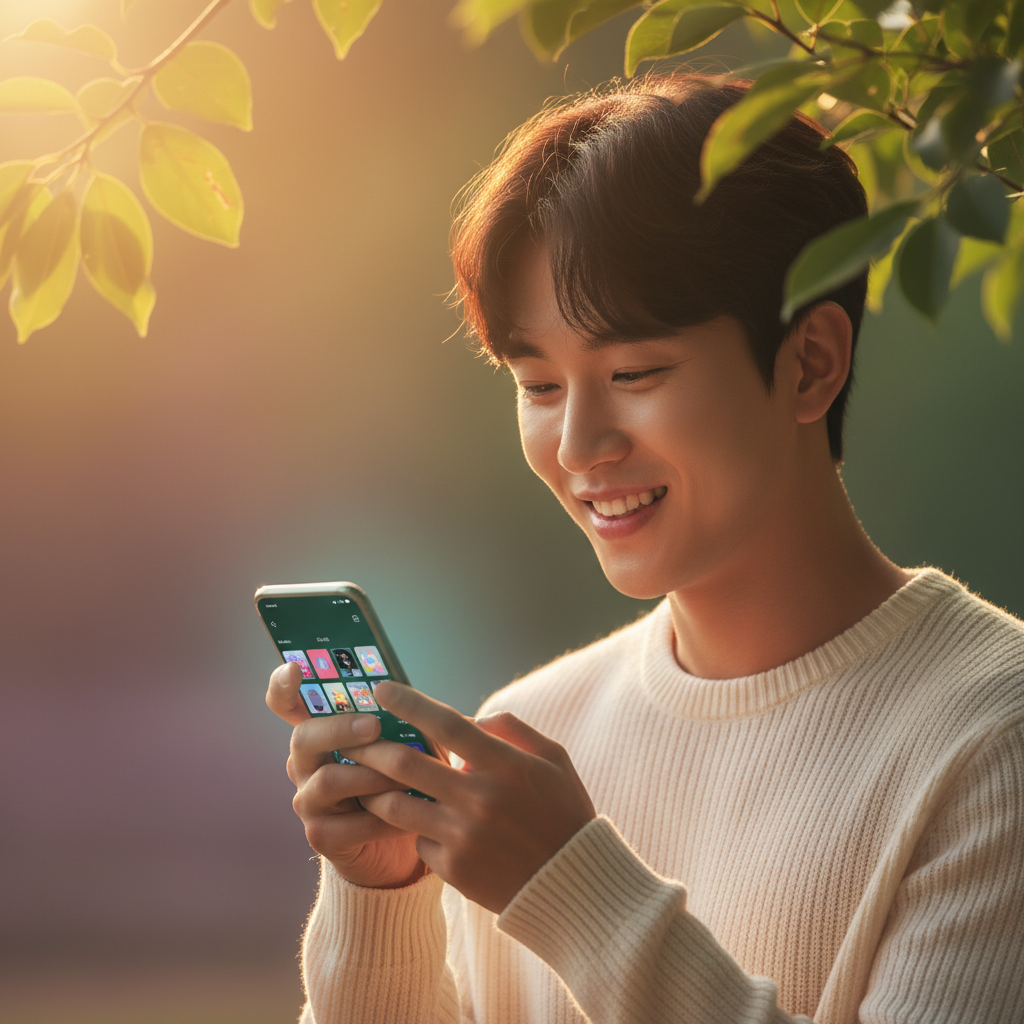 Lifestyle photography of a person smiling while looking at their smartphone, which displays the Spotify app interface with a playlist. Warm lighting, natural setting, Korean appearance, no visible text, gradient background.