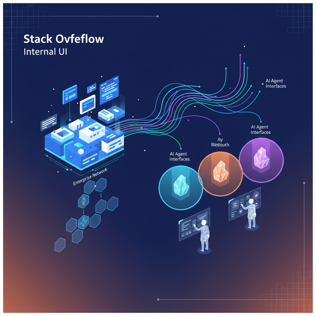 Modern infographic showing Stack Overflow Internal UI elements (minimal English text only) integrated into an enterprise network, with data flowing into various AI agent interfaces. Clean layout, high contrast, colored background. No visible text in image. Korean appearance character.