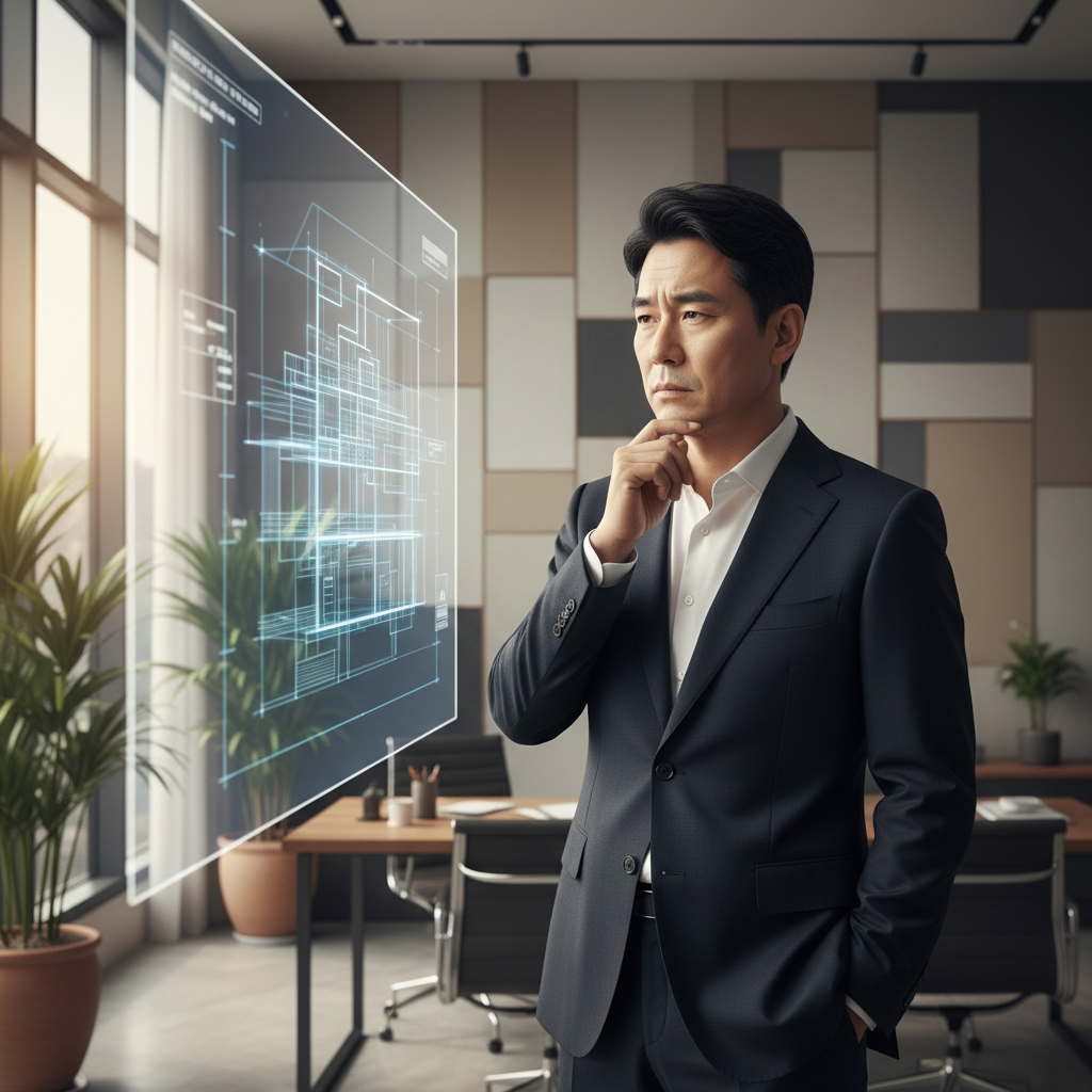 A thoughtful Korean CEO, looking determined yet slightly pensive, standing in a modern office environment. He's making a difficult decision, perhaps looking at a complex architectural diagram on a screen in the background. The atmosphere is professional and focused. Style: lifestyle photography, warm lighting, natural setting. Textured background with muted colors, no empty margins. Bright, balanced lighting. No visible text in image.