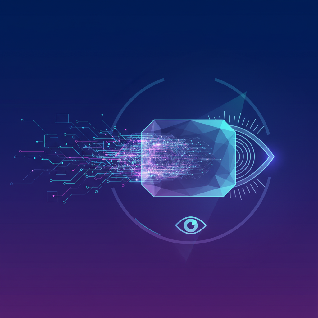 A visual metaphor for an invisible digital watermark embedded within an image. Representing data flowing into an image, making it identifiable to AI but not to the human eye. Modern infographic, abstract, high contrast. Gradient blue and purple background. No text.