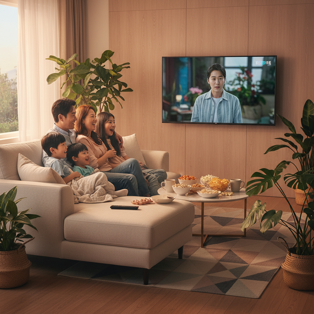 A Korean family watching a TV drama together in a cozy living room, warm evening lighting, people sitting on comfortable sofa with snacks, modern interior with plants, lifestyle photography, natural expressions, colorful ambient glow from screen, no text
