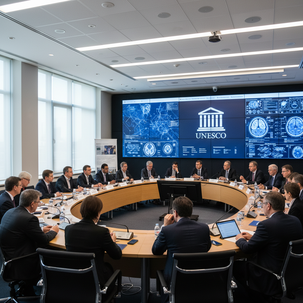 International conference room with diverse delegates discussing neurotechnology ethics, UNESCO logo visible, modern professional setting with digital screens showing brain data graphics, natural lighting, realistic photography style, no text in image