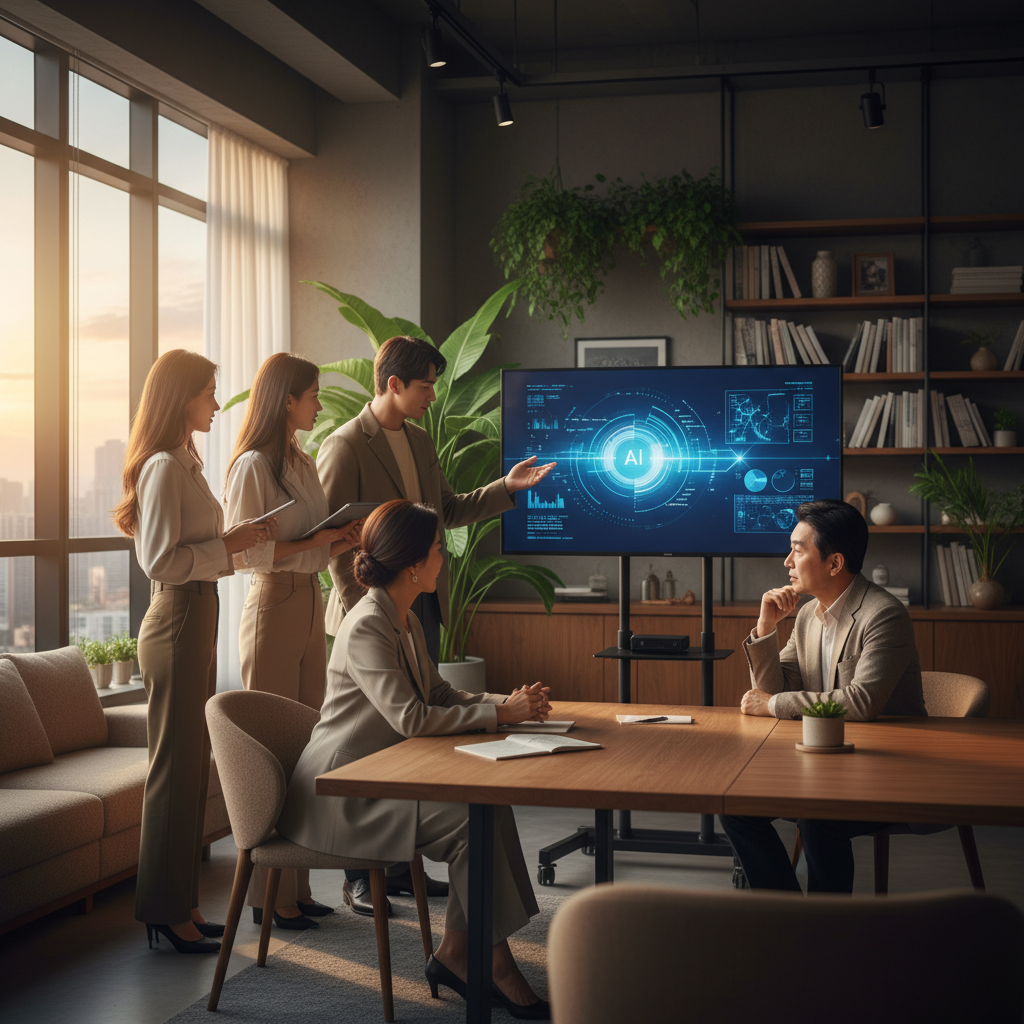 A diverse group of young Korean entrepreneurs presenting their AI project to two discerning Korean venture capitalists in a modern meeting room. Style: lifestyle photography, warm lighting, natural setting. No visible text, vibrant background.