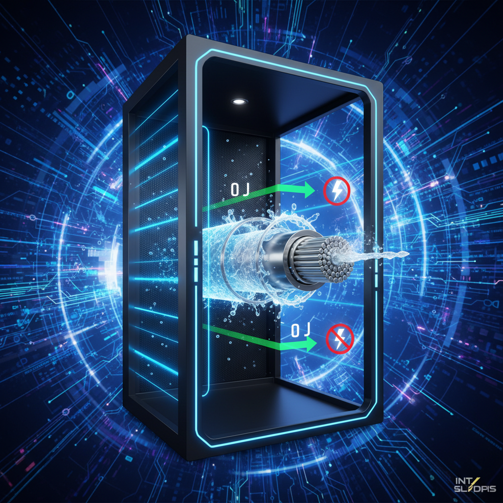 An infographic showing a superconducting cable system integrated into a data center rack. Highlight the internal structure with liquid nitrogen cooling, illustrating zero energy loss. Modern, high contrast design with a dynamic background. No text.