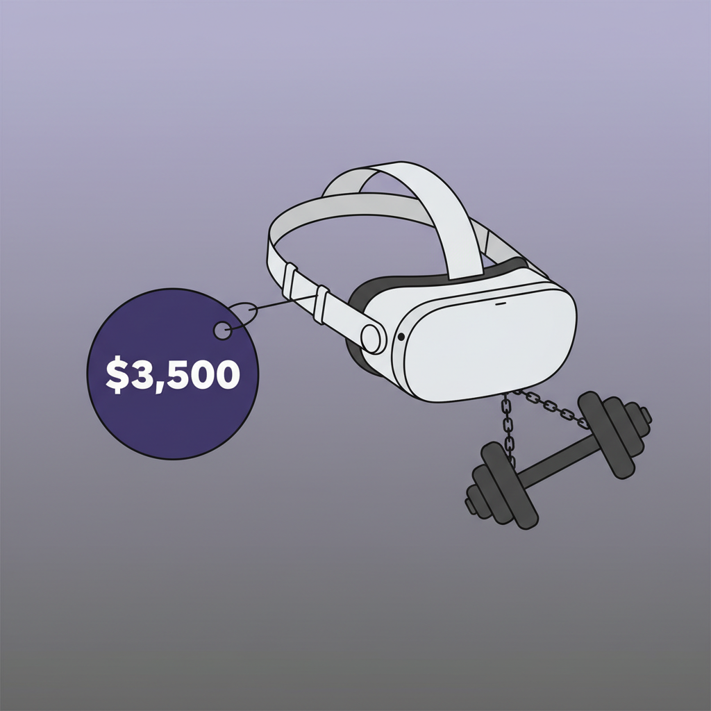 A conceptual illustration depicting the challenges of Apple Vision Pro's weight and price. A stylized Vision Pro headset is shown, with a large "price tag" icon showing "$3,500" and a heavy-looking weight icon pulling it down. The background is a gradient of muted purples and grays, symbolizing uncertainty. Style: clean infographic, modern layout, high contrast. No visible text in image. No Korean characters.