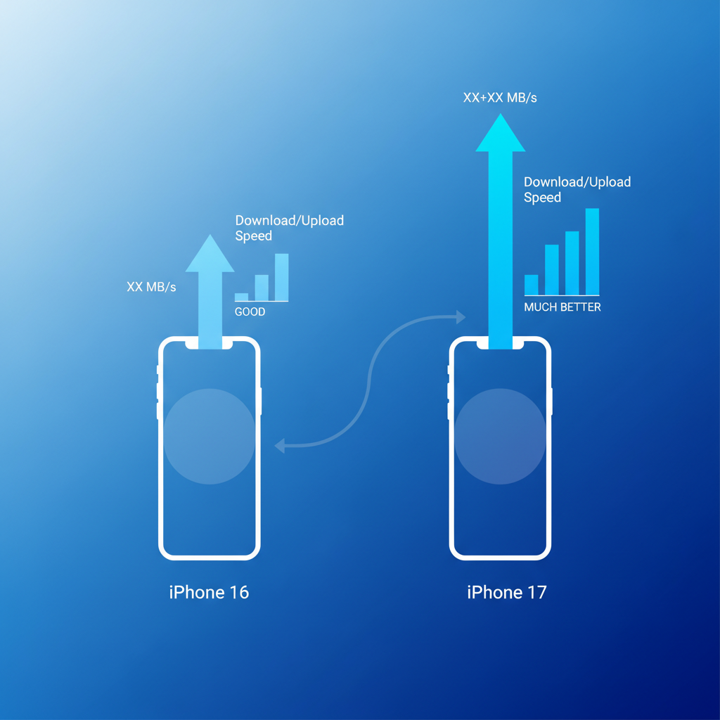A clean infographic showing two smartphones, one representing iPhone 16 and the other iPhone 17. The iPhone 17 phone has a higher upward arrow for download and upload speeds, while iPhone 16 has a slightly lower arrow. Show numerical values for speed difference clearly (no specific numbers, just a visual representation of difference). Use a gradient blue background. No text, modern layout, high contrast.