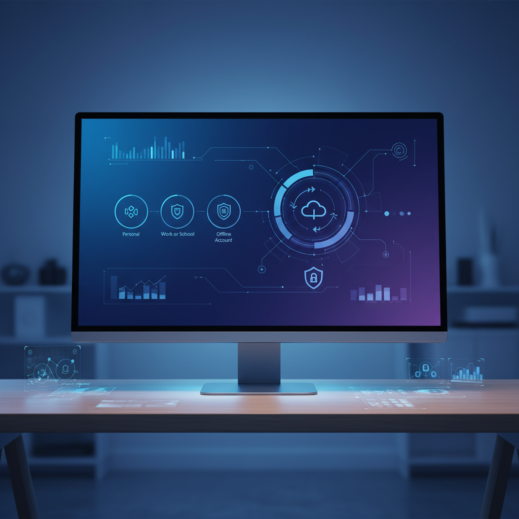 Windows 11 installation screen showing account setup options with clean interface design, computer monitor display, soft blue lighting, technical infographic style, no text in image