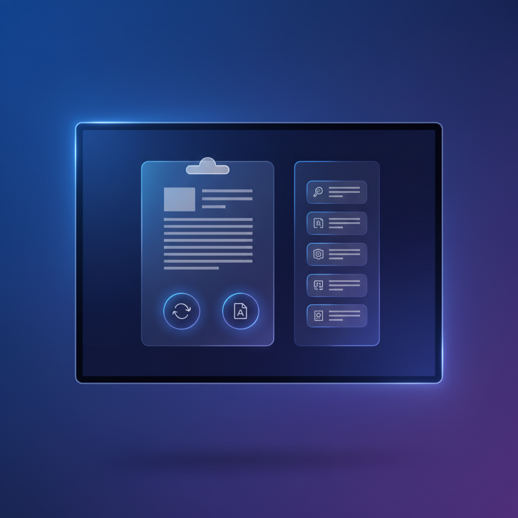 A modern Windows PC screen displaying a clipboard interface with AI-powered features like translate and summarize, surrounded by a subtle digital glow. Style: clean infographic, modern layout, high contrast. Background: gradient blue-purple, minimal empty space. No text.