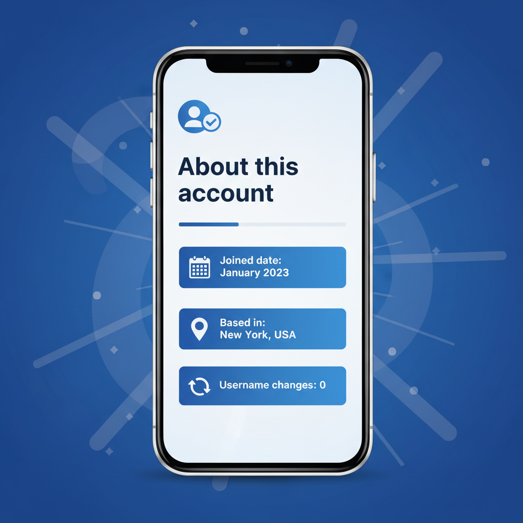 Clean infographic showing the "About this account" feature on a smartphone screen, with information like 'Joined date', 'Based in', 'Username changes' highlighted. Modern layout, high contrast, blue and white color scheme. No text. Colored background, centered focus.