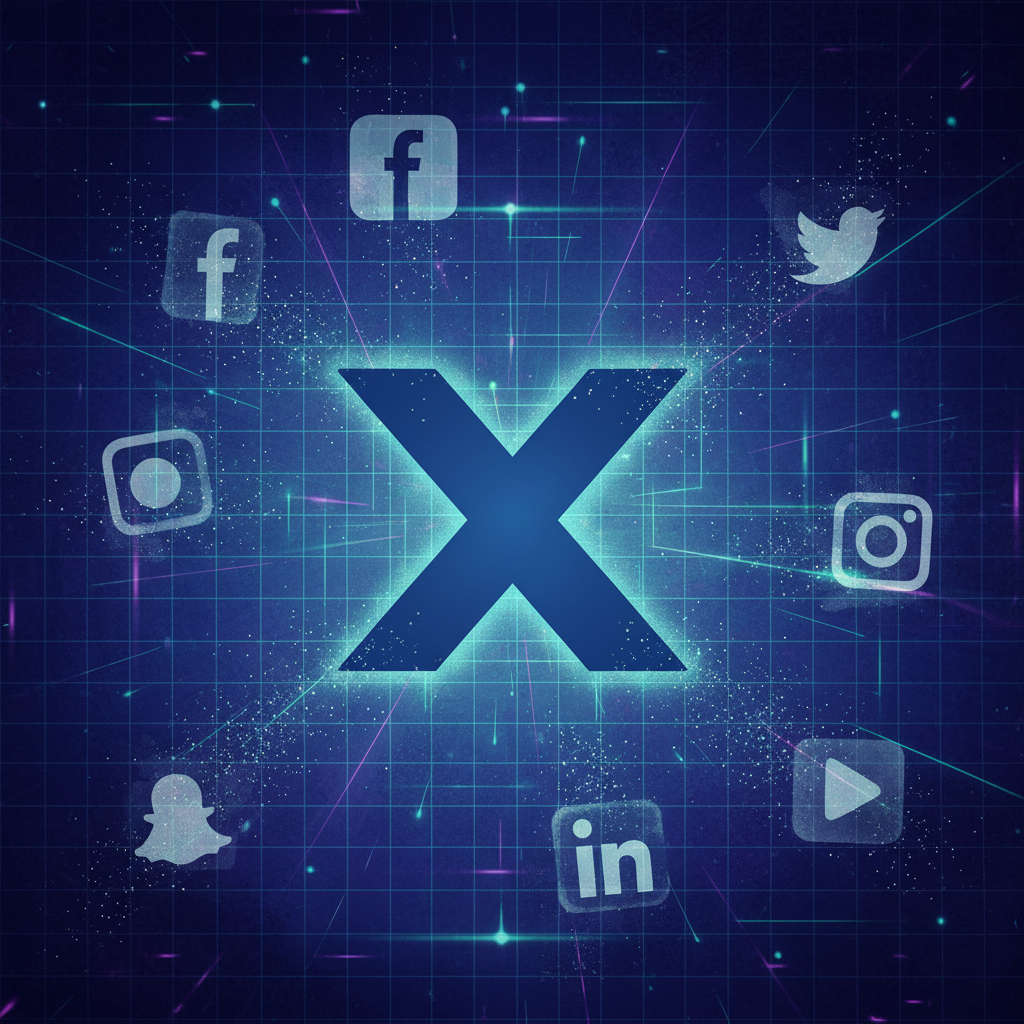 An illustration depicting various social media app icons, some appearing to fade or disappear around a prominent and stable X logo. The background is a abstract, textured digital grid with subtle light effects. Korean appearance, natural expression, centered focus, visually rich, no empty margins, no visible text.