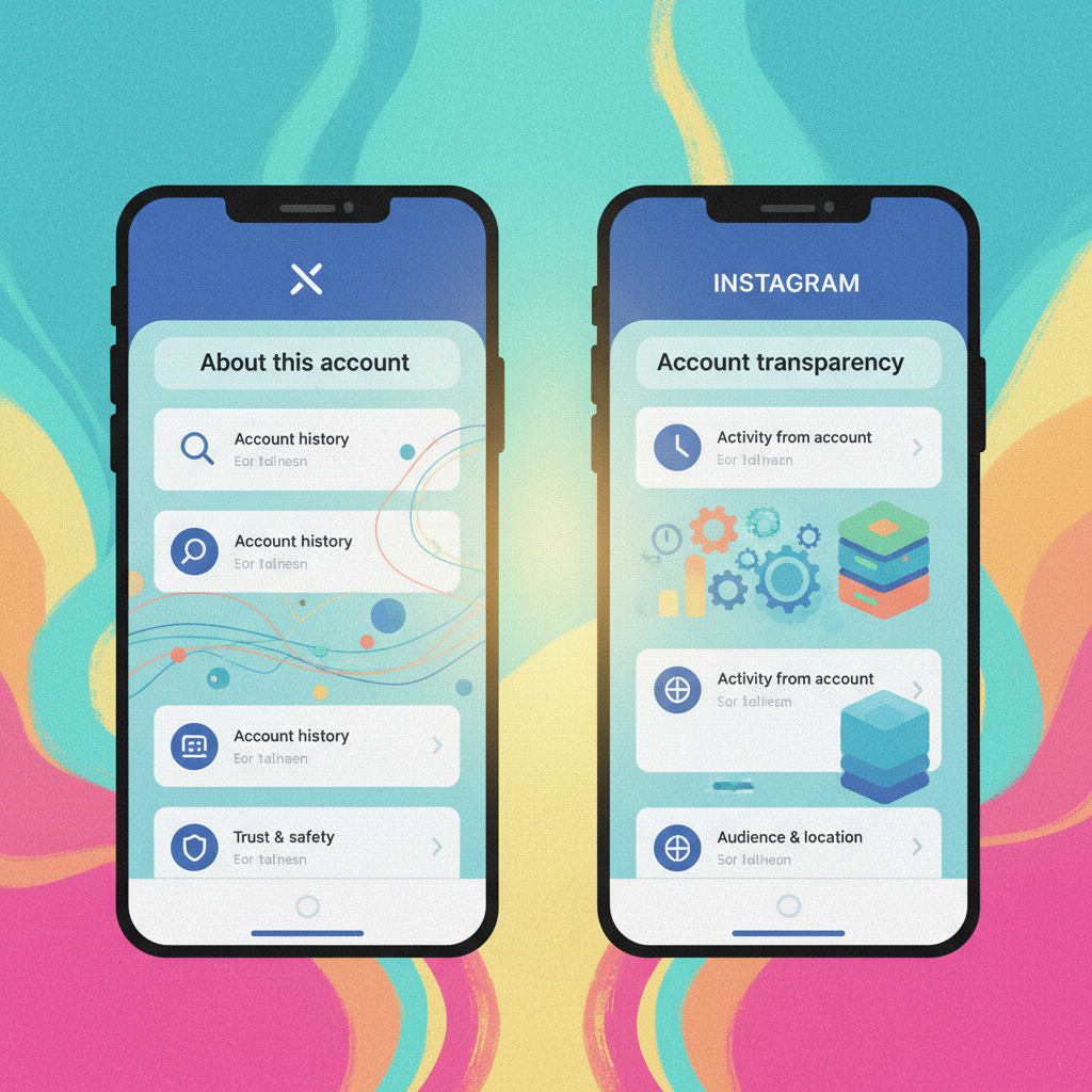 Illustration comparing two smartphone screens side-by-side, one showing X's 'About this account' and the other Instagram's similar feature, highlighting their transparency efforts. Artistic rendering, textured background, bright lighting. No text. Colored background, centered focus.