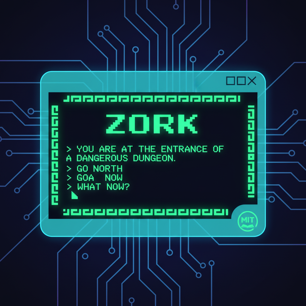 A retro-futuristic, clean infographic showing a classic text adventure game screen with glowing green text, a 'Zork' title, and a small 'MIT License' icon. The background is a digital circuit board pattern with blue and purple gradients. No visible text on the game screen except for placeholder glowing green text showing command prompts. The overall style should be modern and high-contrast, representing digital preservation.