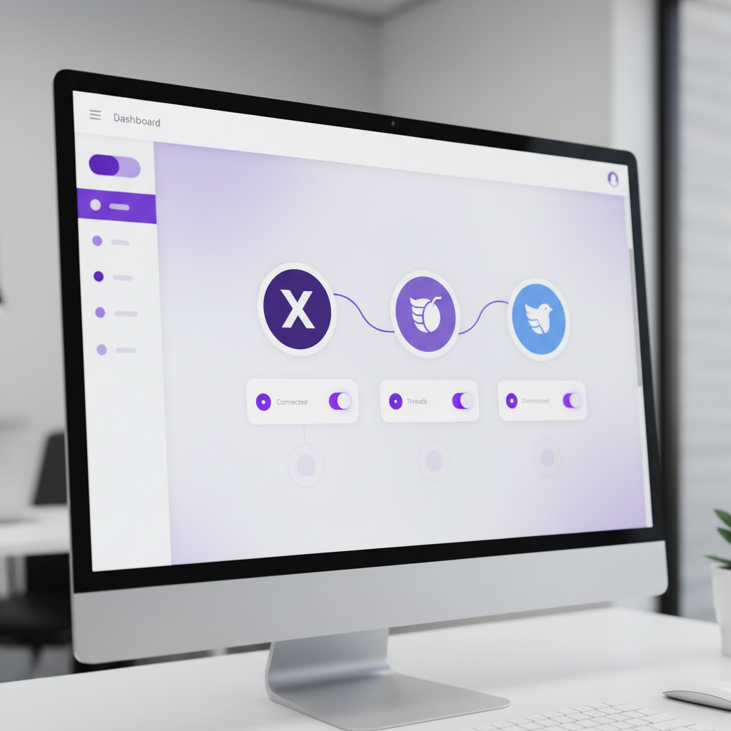 Modern web interface showing social media account connections with icons for Twitter, Threads, and Bluesky. Dashboard-style layout with toggle switches and connection status indicators. Clean UI design with purple and white colors. No text.