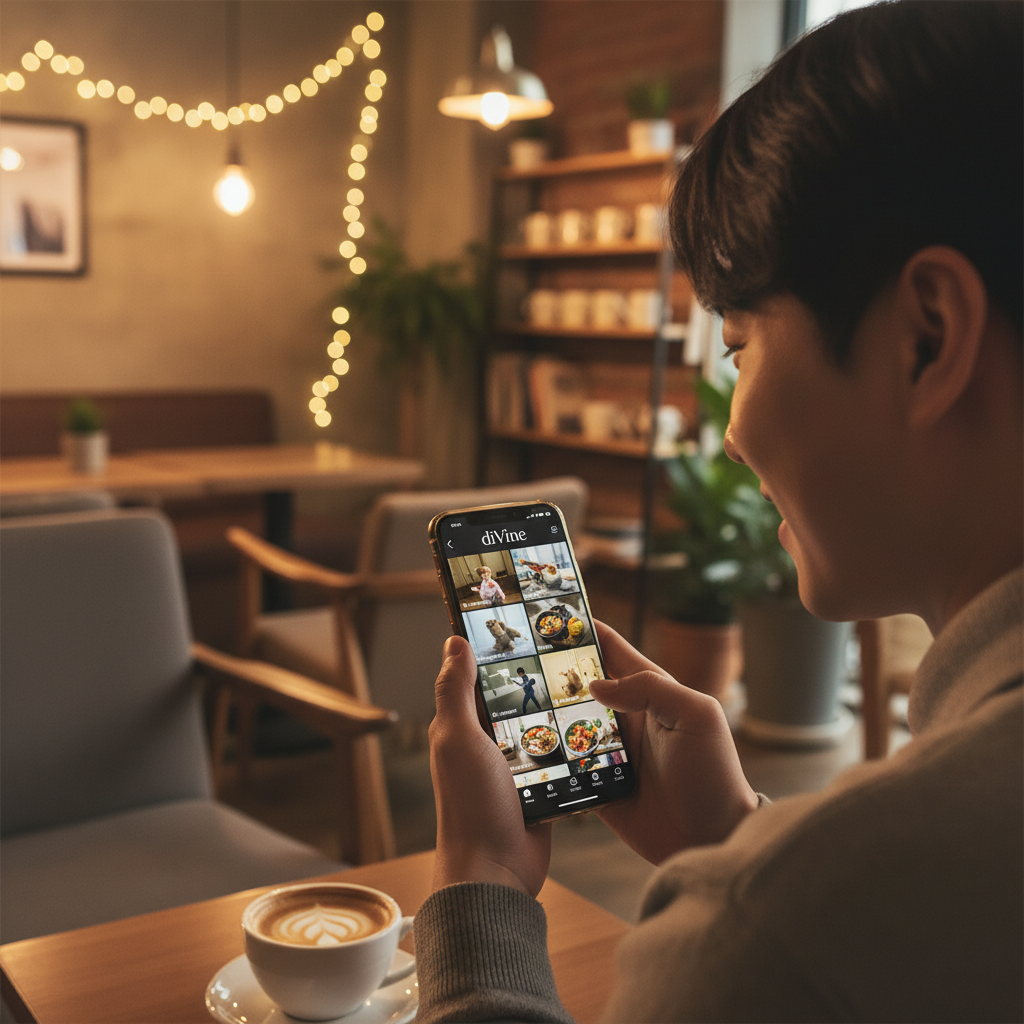 A Korean person, with natural expression, happily watching short, looping videos on a smartphone with the "diVine" app interface visible. The background is a cozy cafe setting with warm lighting. Style: lifestyle photography, warm lighting, natural setting. No visible text.