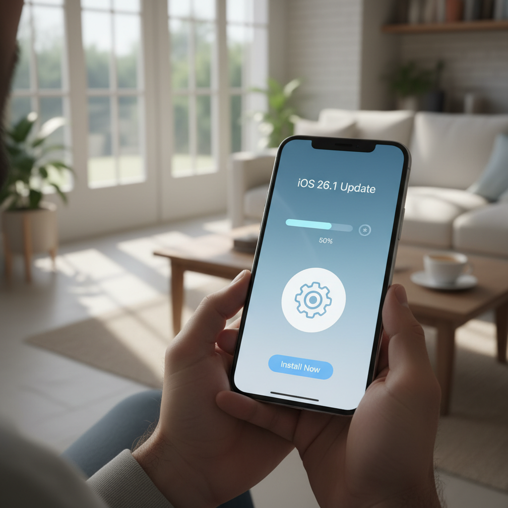 Modern iPhone displaying iOS 26.1 update screen with clean interface, realistic lighting, lifestyle photography setting with soft shadows, no text in image