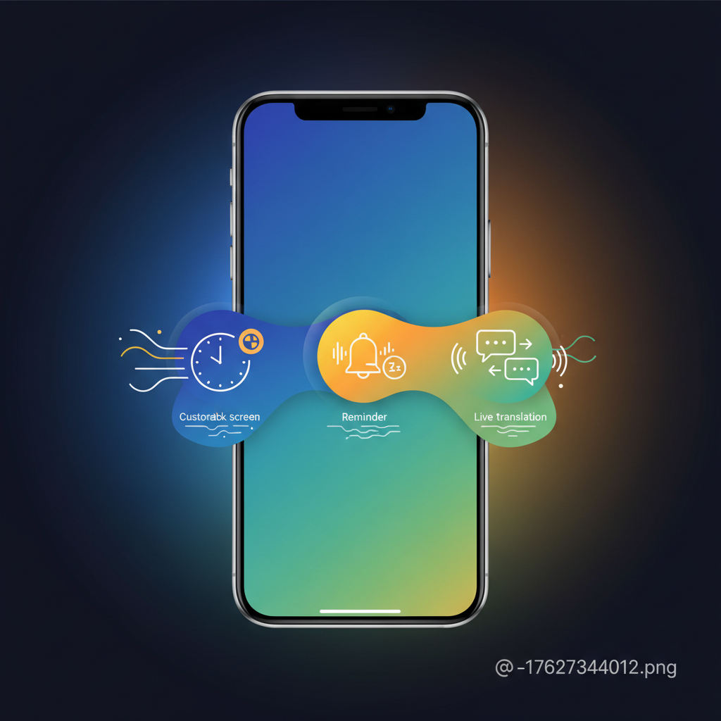 A modern infographic illustrating various new features of iOS 26.2 beta on an iPhone screen, such as a customizable lock screen, reminder alarms, and live translation. Clean design, high contrast, colored background. No visible text.