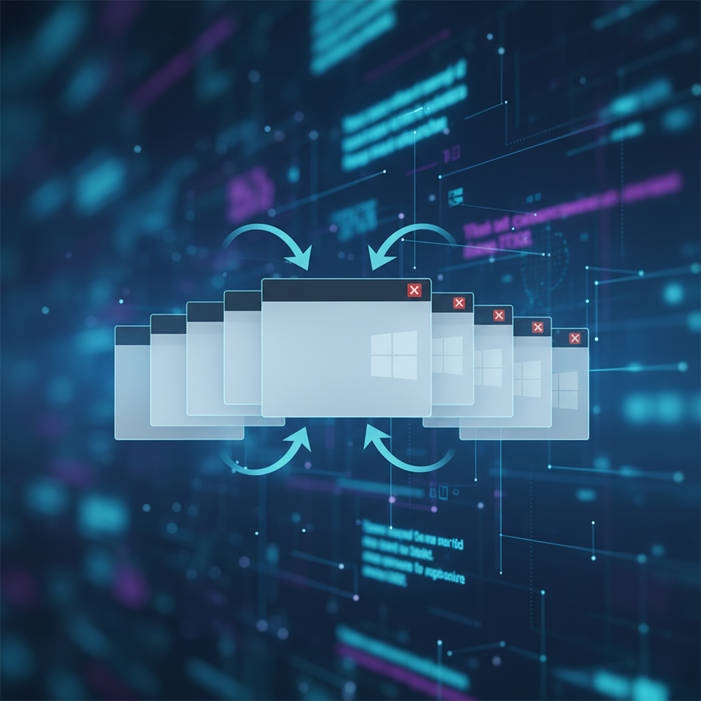A close-up infographic of a Windows 11 Task Manager window with an 'X' button, and arrows pointing to multiple identical Task Manager windows popping up behind it, symbolizing the bug. The background is a digital interface. Style: clean infographic. No text.