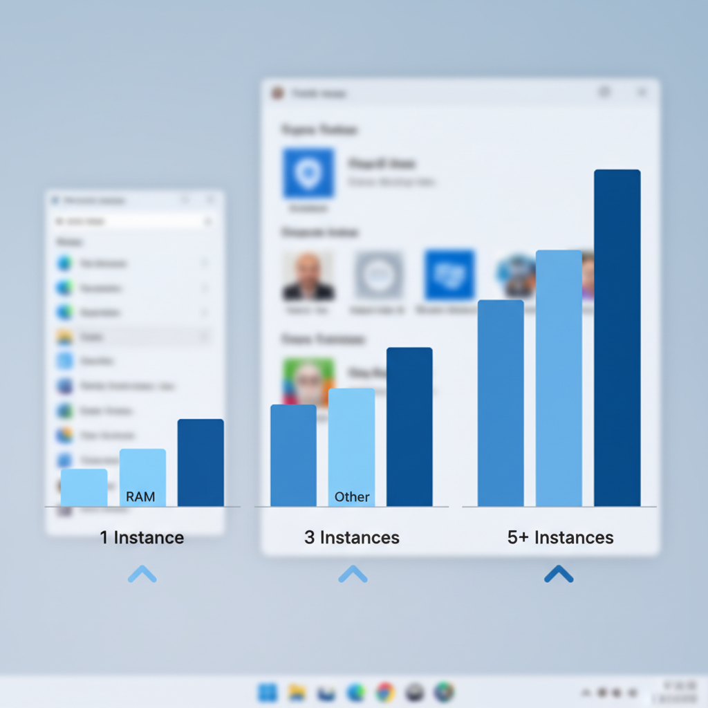A stylized bar chart showing increasing RAM and CPU usage as the number of open Task Manager instances grows. The bars are gradually increasing. A subtle Windows 11 interface is in the background. Style: clean infographic. No text.