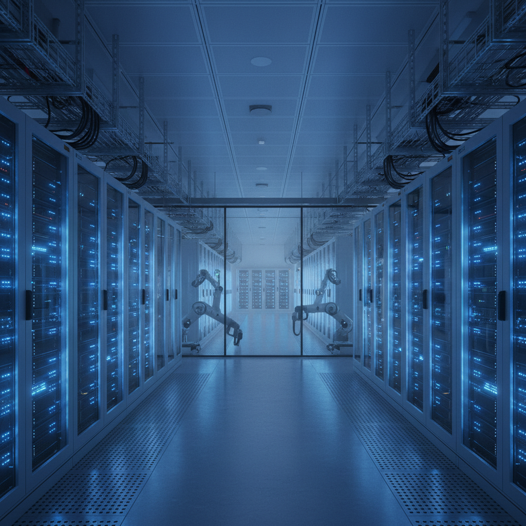 Modern AWS data center interior with rows of servers, blue LED lighting, clean industrial design, high-tech atmosphere, realistic photography style, no text