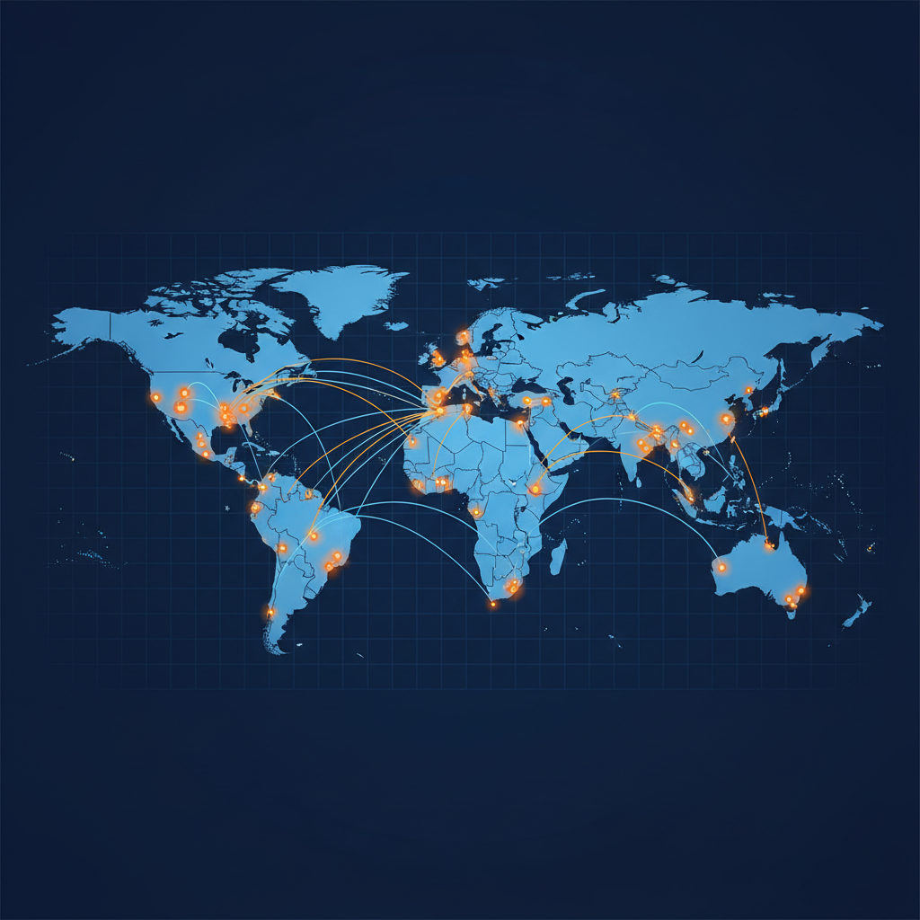 World map showing AWS global infrastructure network with connection lines between data centers, modern infographic style, blue and orange color scheme, clean design, no text