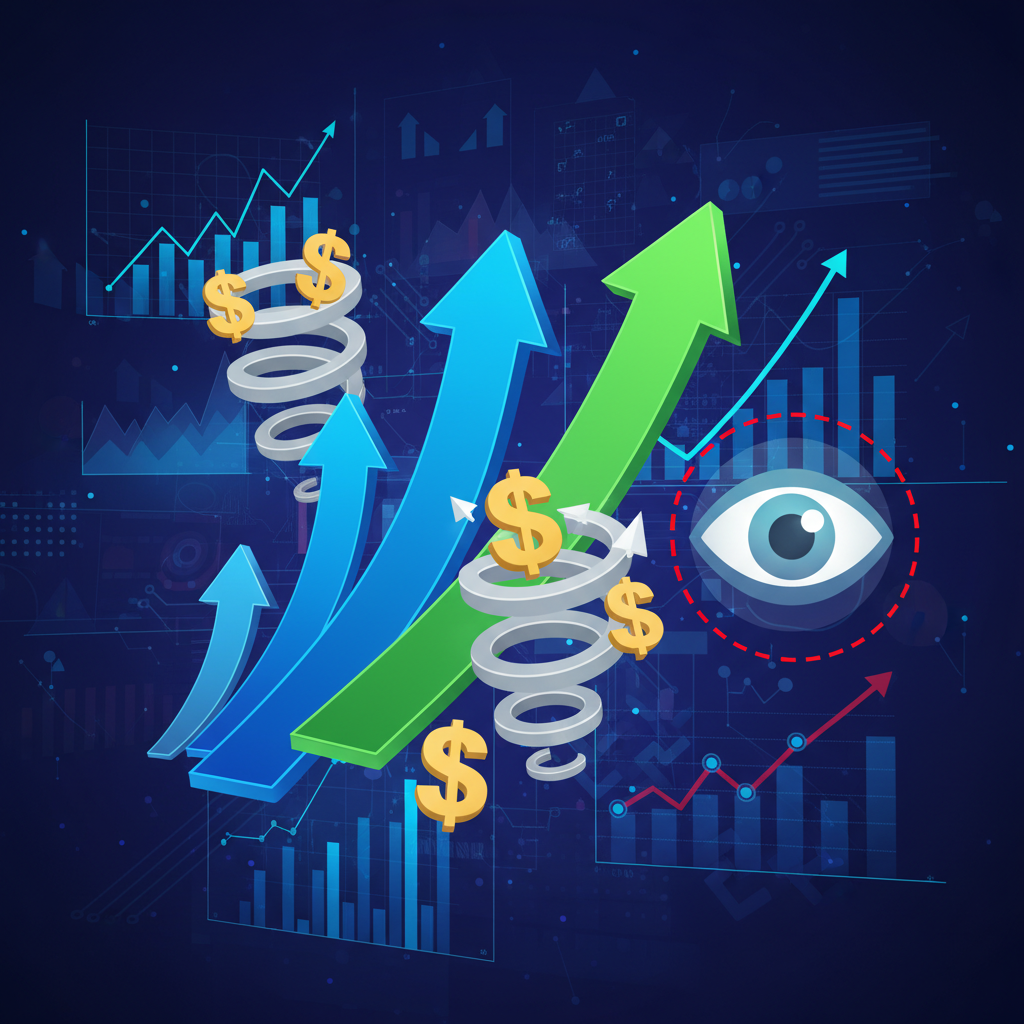 A dynamic infographic illustrating the current volatile AI investment market. It features upward arrows for valuations, swirling money symbols, and a cautious eye symbol, all set against a background of technology and financial charts. Style: clean infographic. No text.