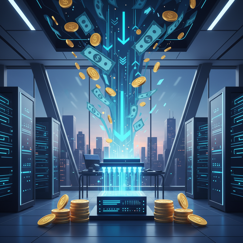A striking visual representation of a large seed funding round for an AI startup. Show a massive pile of stylized money or investment capital flowing into a small, futuristic-looking AI chip or server. The background is a sleek, modern office or tech environment. Style: clean infographic. No text.