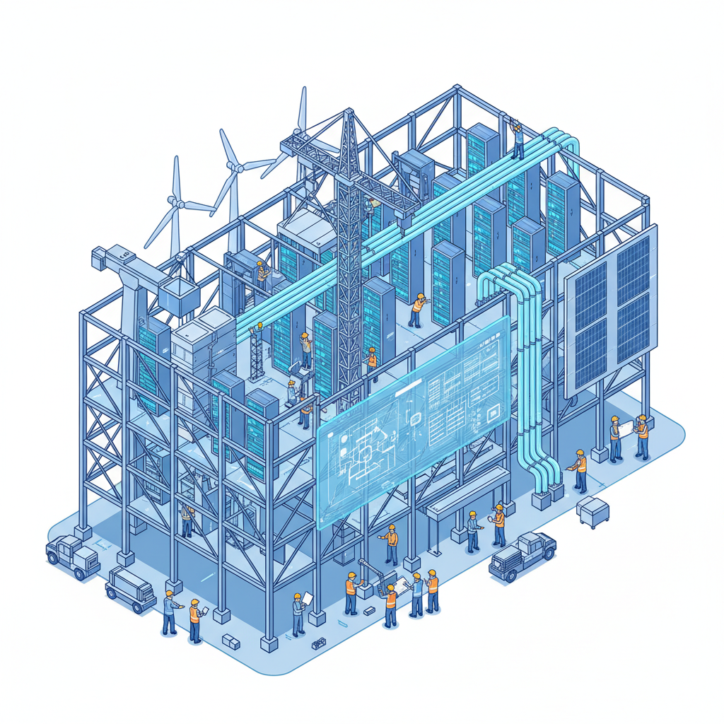 A bustling construction site focused on building a large-scale, modern AI data center. Show various Korean construction workers and engineers collaborating, with sleek server racks and advanced cooling systems visible in the background. Emphasize scale and technological focus. Style: clean infographic. No text.