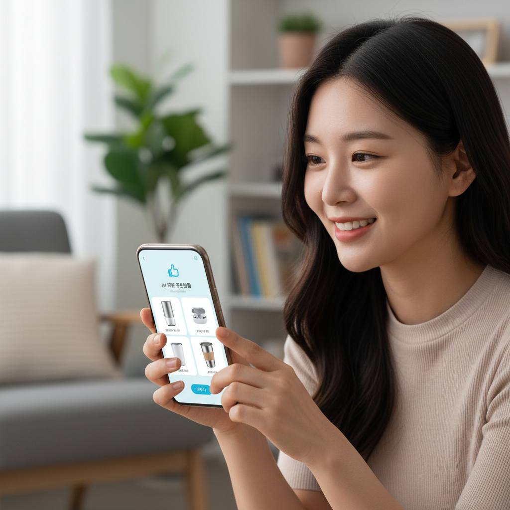 A Korean user is looking at a smartphone, which displays a product recommended by an AI chatbot. The AI chatbot interface is clean and modern, showing various product options. The user looks happy and curious, with a blurred background suggesting a home or office environment. The overall style is lifestyle photography with soft, natural lighting. No text.