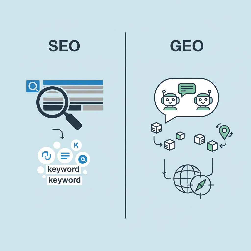 A clean infographic illustrating the difference between SEO and GEO. On one side, SEO is represented by a magnifying glass over search results and keywords. On the other side, GEO is represented by a thought bubble or chat interface with AI agents recommending products based on context. Use clear icons and simple diagrams, with a focus on contrasting their mechanisms. Clean infographic style, no text.