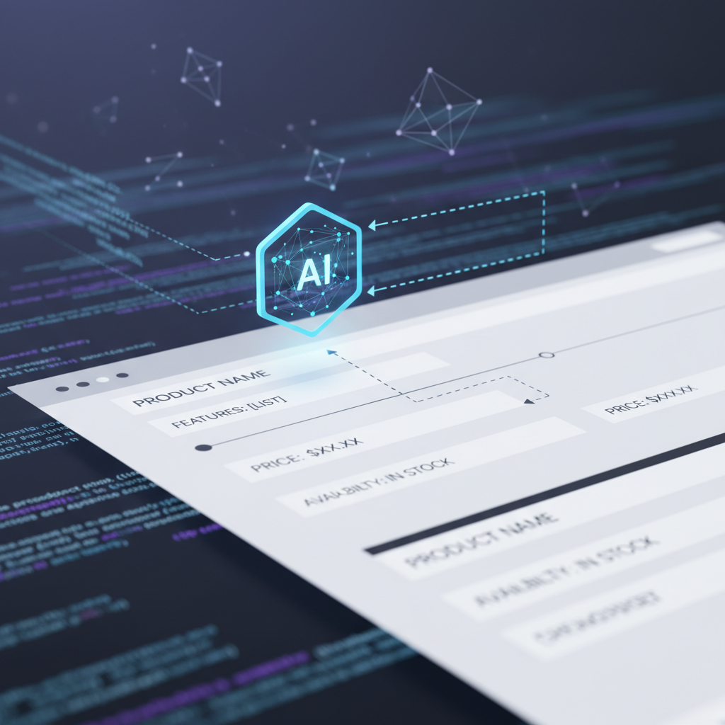 An AI agent, represented by a sleek digital avatar or icon, is smoothly navigating a simplified, text-focused website with no distractions like pop-ups or complex navigation. The agent is efficiently extracting key product information. The background shows data streams or code snippets, symbolizing the AI's processing. Clean, futuristic digital art style, no text.