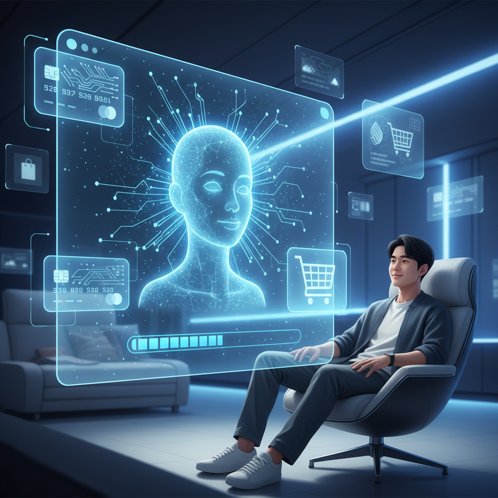 A futuristic scene where an AI agent, depicted as a glowing, intelligent interface on a screen, is completing an online purchase transaction. Digital icons of credit cards and product carts are visible. The user is a Korean person in the background, observing with a relaxed and trusting expression. High-tech, clean digital illustration with soft blue and white lighting, no text.