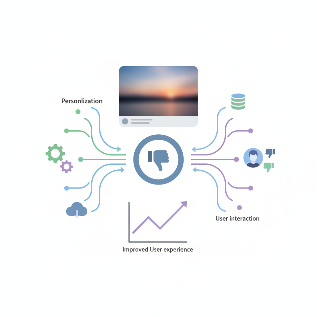 A clean infographic illustrating a social media feed with a prominent "dislike" button icon. Show elements of user interaction, personalization, and data flow towards an improved user experience. Style: clean infographic, no text.