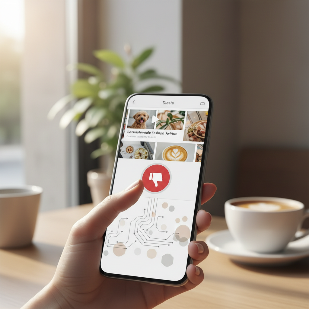 A person's hand interacting with a smartphone screen, showing a social media app with a prominent "dislike" button. The screen visually depicts personalized content flowing based on user input. Style: lifestyle photography, natural lighting, no text.