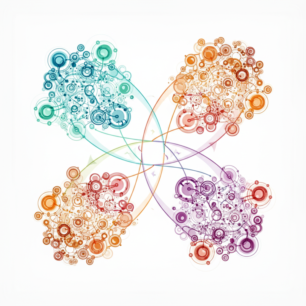 An abstract infographic or illustration depicting interconnected circles or nodes representing "social neighborhoods" on a decentralized network. Lines connect different groups, illustrating the flow of communication and influence. Style: clean infographic, no text.