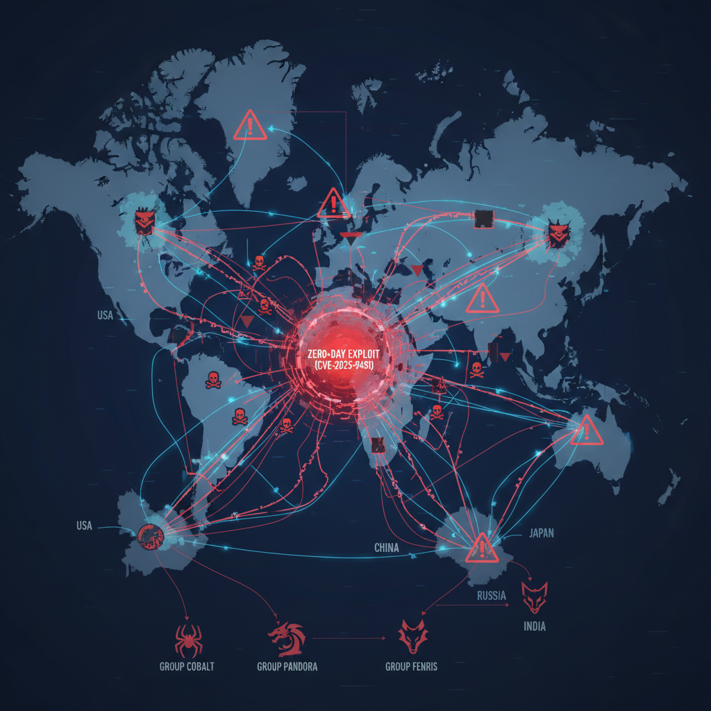 An intricate infographic showing a network diagram with red alert symbols, representing a zero-day vulnerability (CVE-2025-9491) being exploited by various threat groups across different countries. Focus on data flow and malicious activity. No text.