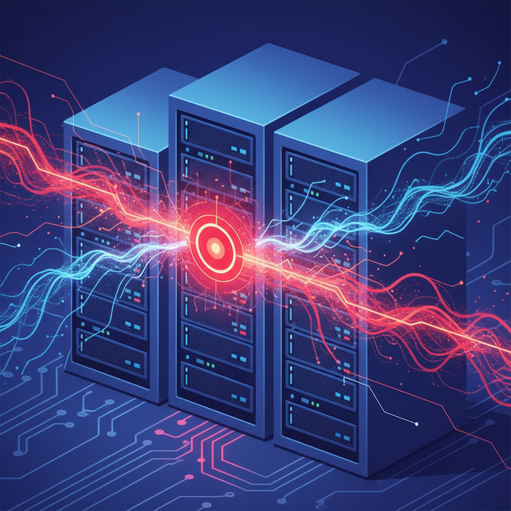 A server rack with a glowing red warning light, symbolizing a critical vulnerability in Windows Server Update Services (WSUS) (CVE-2025-59287) under attack. Data streams are shown moving in and out, representing exploitation. Infographic style, no text.