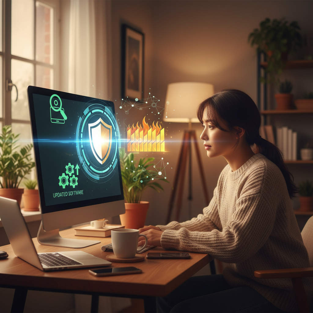A Korean user is securing their Windows computer with a digital shield icon over the screen. Various security measures like antivirus, updated software, and a firewall are visually represented around the user. Lifestyle photography, warm lighting, no text.