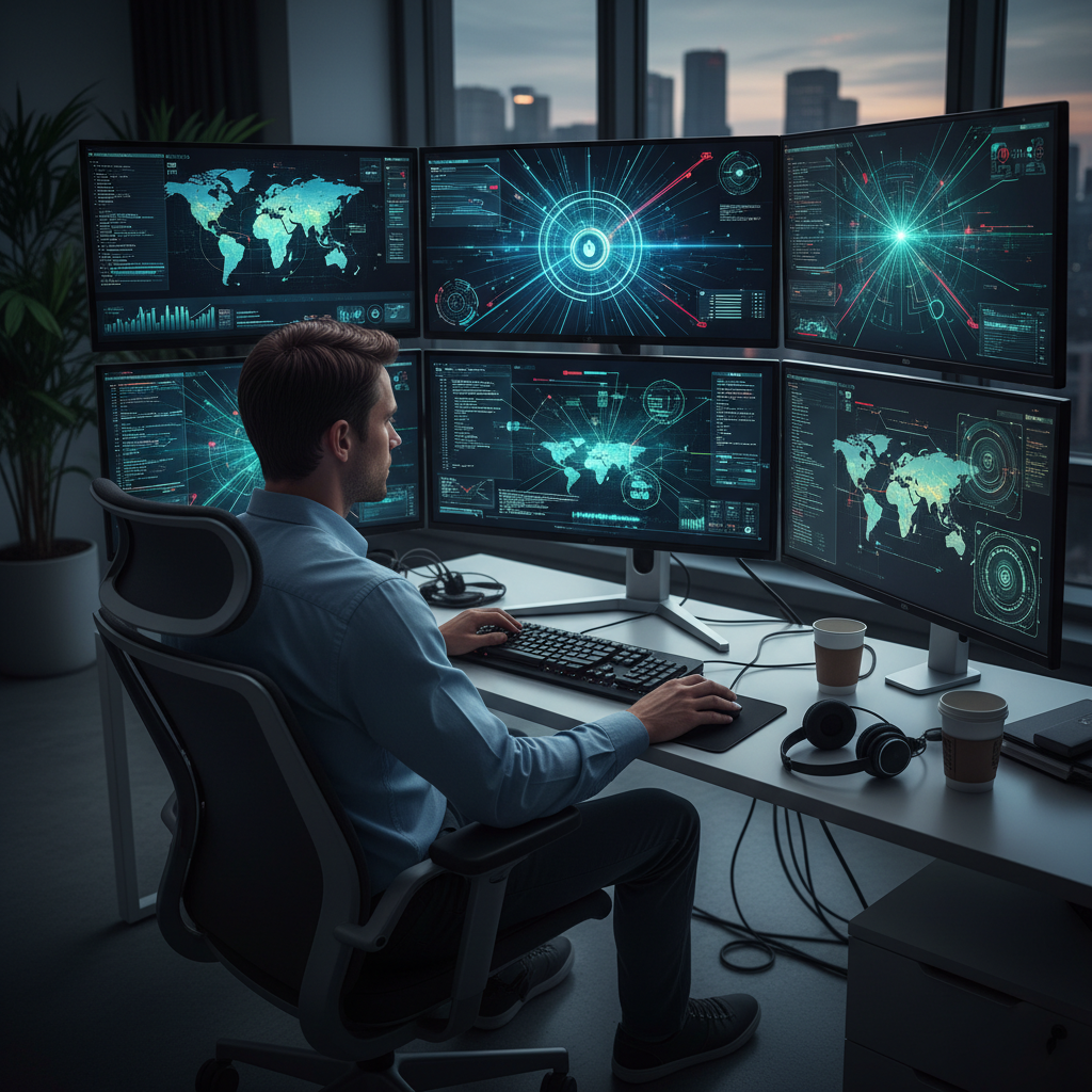 A person actively monitoring multiple screens displaying cybersecurity dashboards and network activity, symbolizing continuous vigilance and proactive security measures. Modern office setting. Lifestyle photography, focused and determined atmosphere, no text.