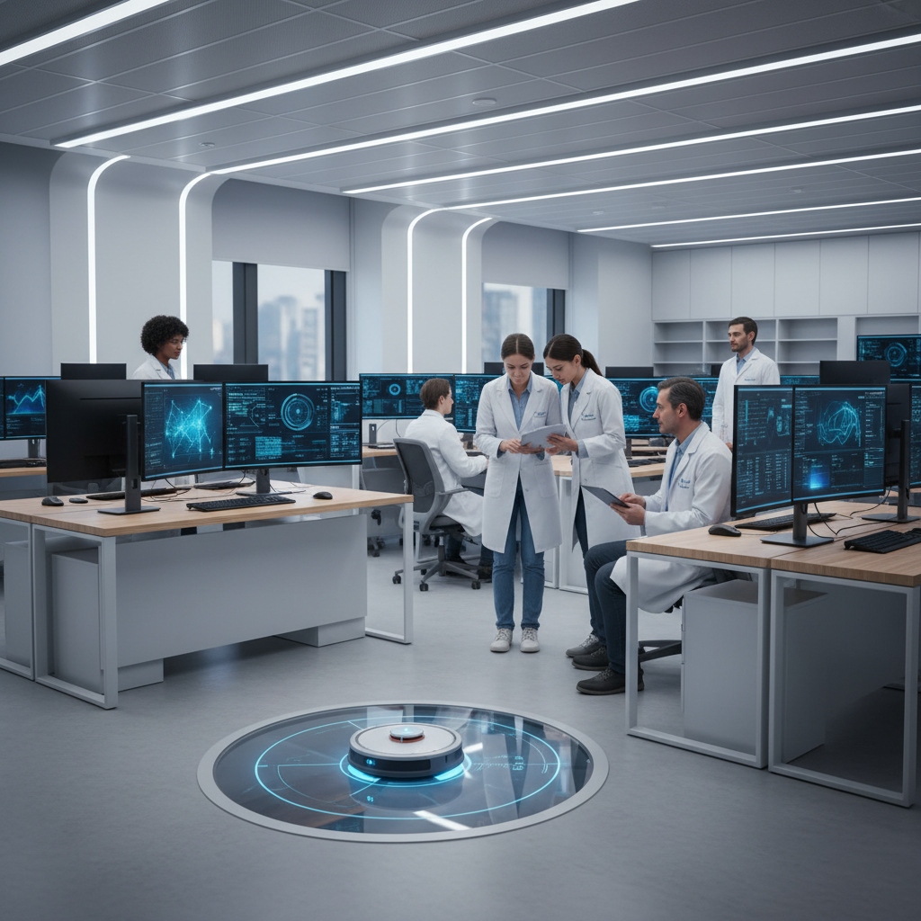 Modern AI research laboratory with scientists observing a small vacuum robot moving around, clean workspace with computers and monitors showing AI data, professional lighting, realistic photography style, no text