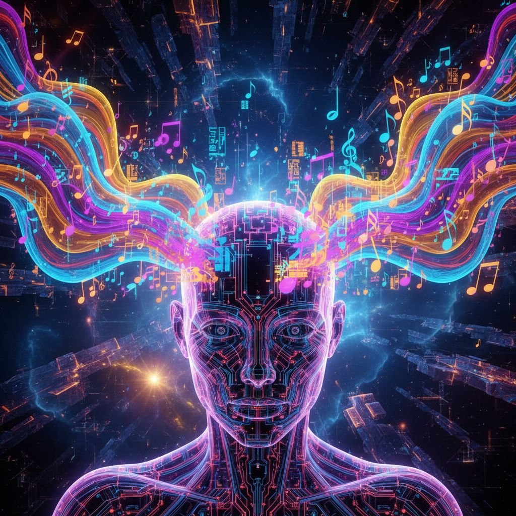 Abstract visualization of AI creativity with musical notes and text flowing from a robotic brain, colorful digital art style, futuristic atmosphere, artistic interpretation, no text