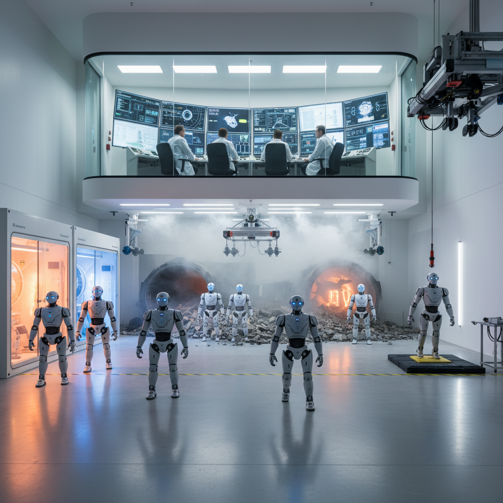 Safety testing laboratory with robots being monitored for various scenarios, researchers observing from control room, professional testing environment, clean modern facility, realistic photography, no text