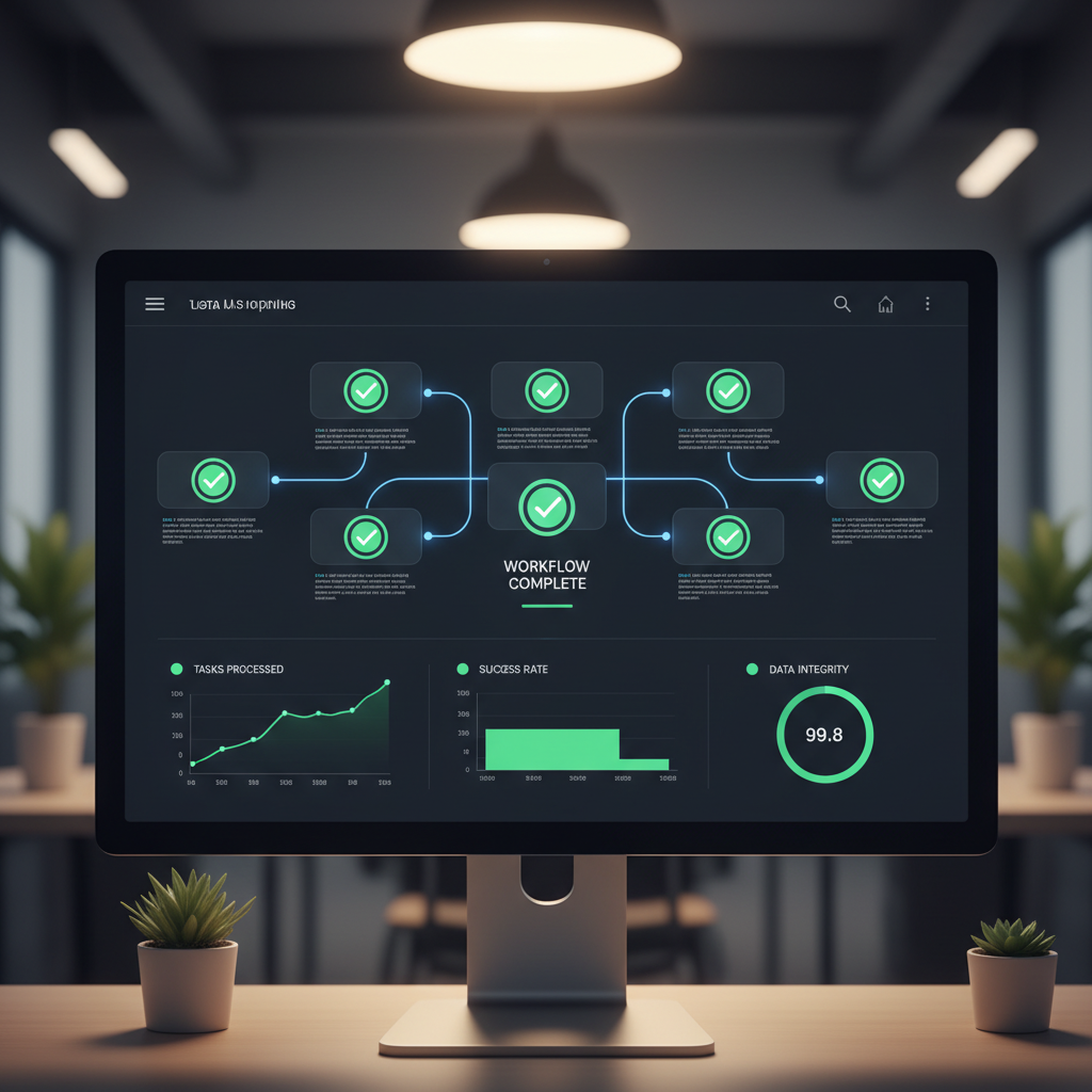 Dashboard interface showing successful automation workflow execution with green checkmarks and data flow visualization. Modern analytics interface with charts and status indicators. Professional workspace lighting. No text.