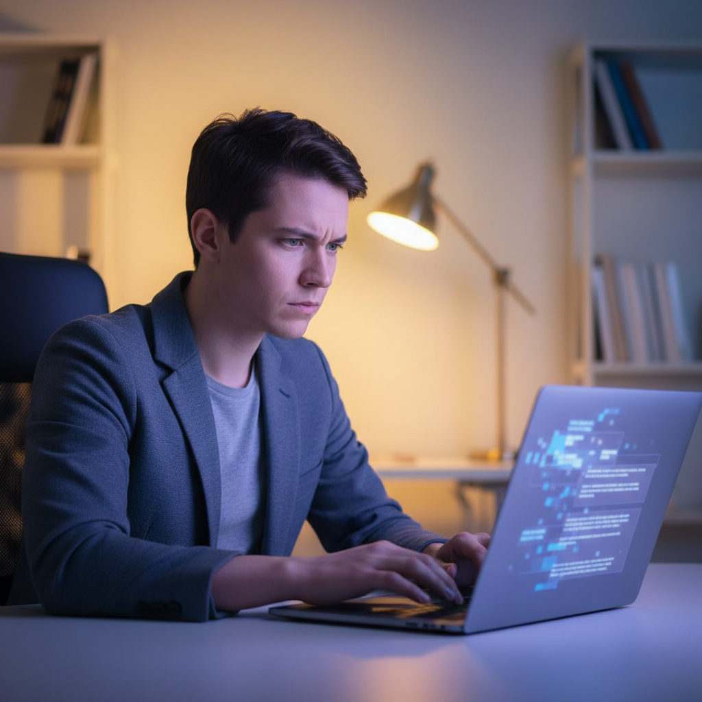 A person sitting in front of a laptop, intensely focused on the screen, reflecting a deep, serious conversation taking place in a digital interface. The background is a soft, blurred office or home setting. Bright, balanced lighting, colored gradient background. No visible text in image.