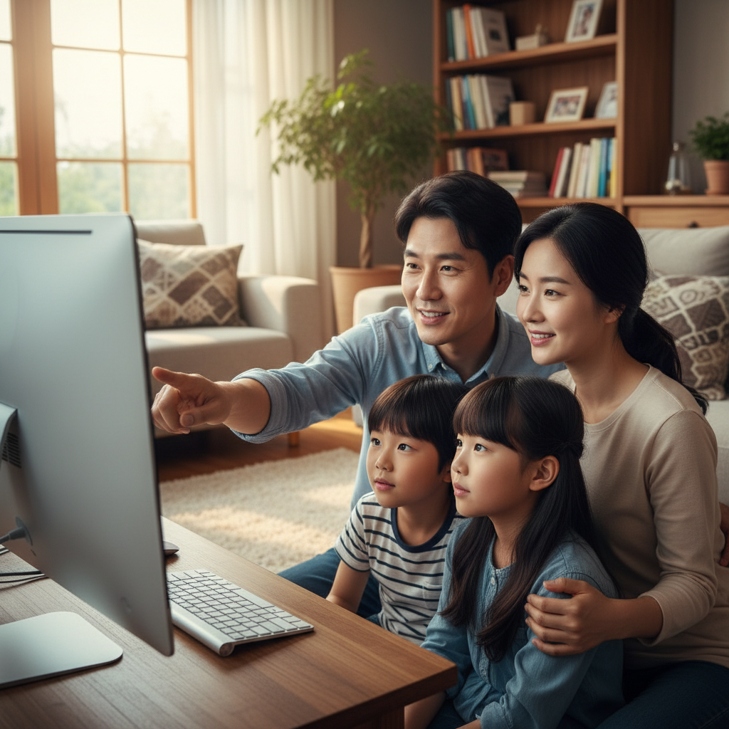 A family (parents and children, Korean appearance) gathered around a computer, discussing online safety. One parent points to the screen while explaining something, children are listening attentively. The setting is a cozy living room with soft, natural lighting. Style: lifestyle photography, warm lighting, natural setting. No visible text on the screen.