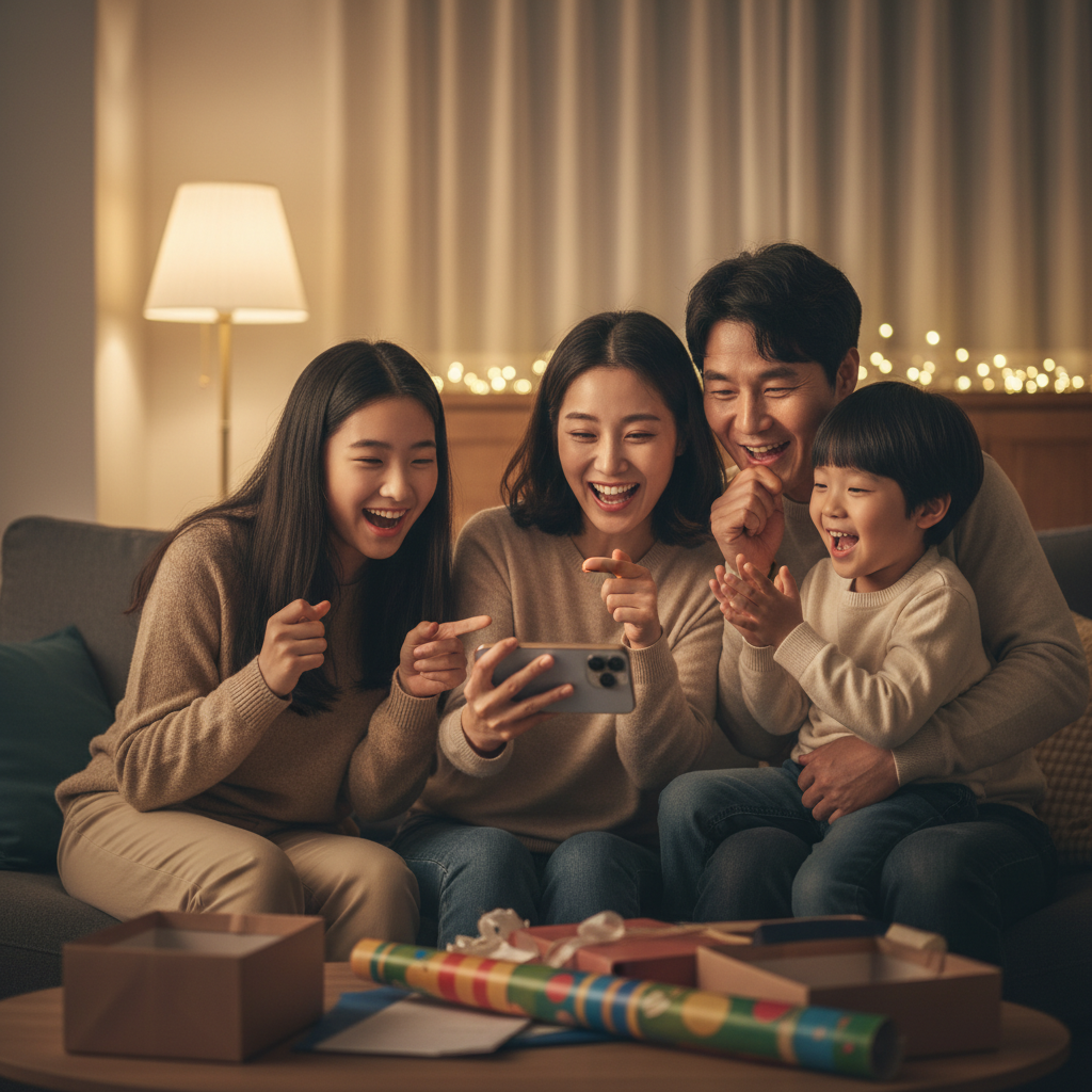 Korean family members looking at smartphone together with happy expressions, discussing gift ideas, warm indoor lighting, lifestyle photography showing connection and joy, realistic scene, no text in image