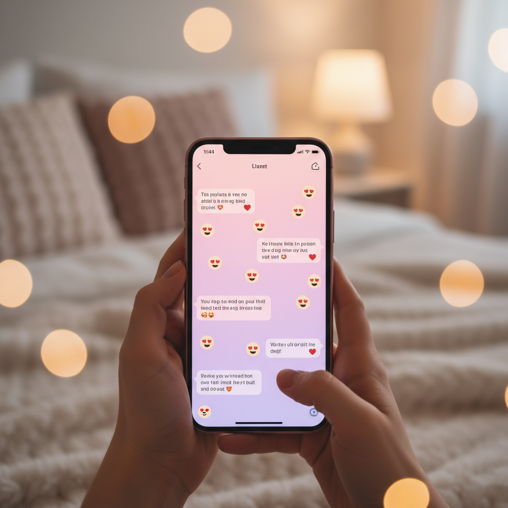 Close-up of smartphone screen showing chat interface with heart emojis and warm messages, soft pink and purple lighting, hands gently holding phone, cozy bedroom setting with soft blankets, intimate emotional atmosphere, dreamy bokeh effect, no text