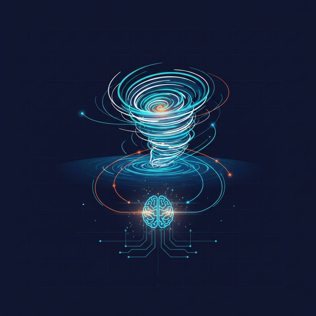 A modern infographic showing a powerful hurricane swirling over the ocean, with abstract digital lines and nodes connecting to a glowing AI brain icon. Style: clean infographic, modern layout, high contrast. No visible text.