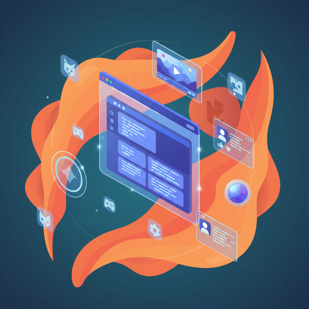 Modern IDE interface mockup with floating entertainment widgets around it, vibrant orange and teal gradient background, isometric perspective, clean tech illustration style, balanced lighting, multiple app icons and game elements integrated naturally, no text in image