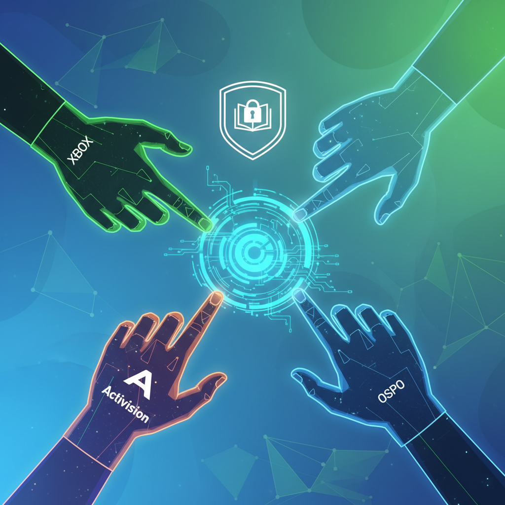 An abstract, clean infographic showing multiple digital hands (each representing different teams like Xbox, Activision, OSPO) collaborating on a glowing central codebase symbol, with a prominent 'MIT License' badge floating above it. The background is a soft, gradient blue and green digital network pattern. Style: modern infographic, high contrast, clean lines. No visible text.