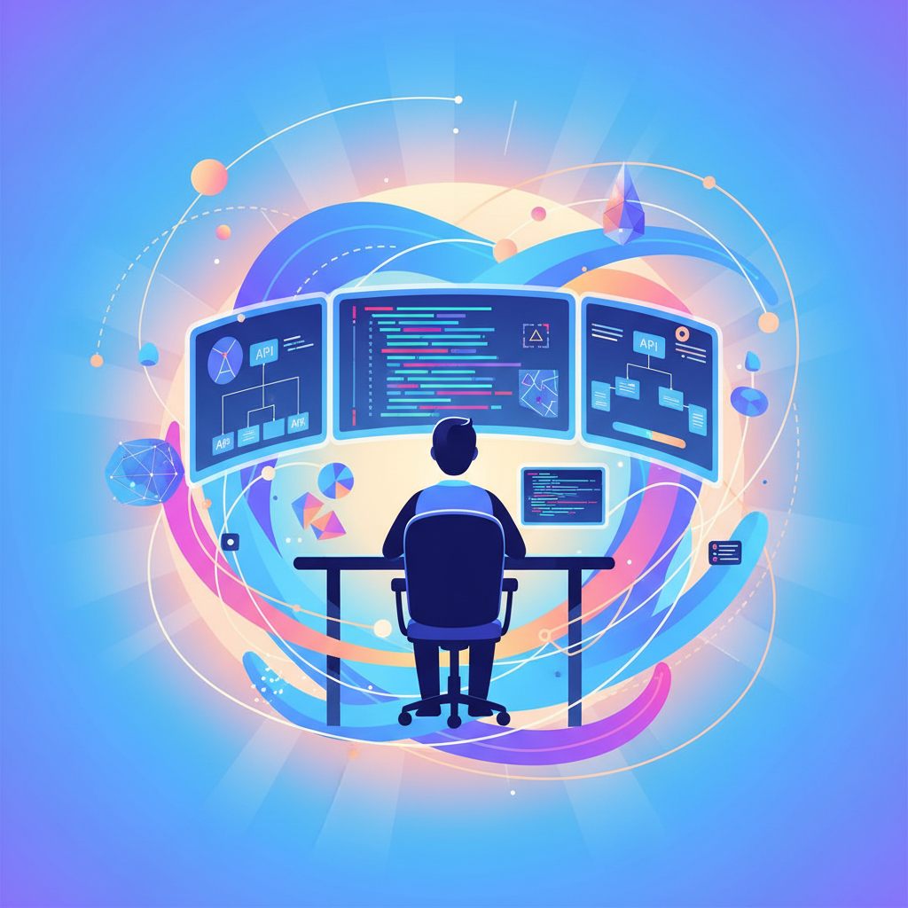 A modern illustration of a developer interacting with code on multiple screens, surrounded by abstract representations of data flows and API connections related to mapping. The atmosphere is innovative and focused, with a bright gradient background. No text.